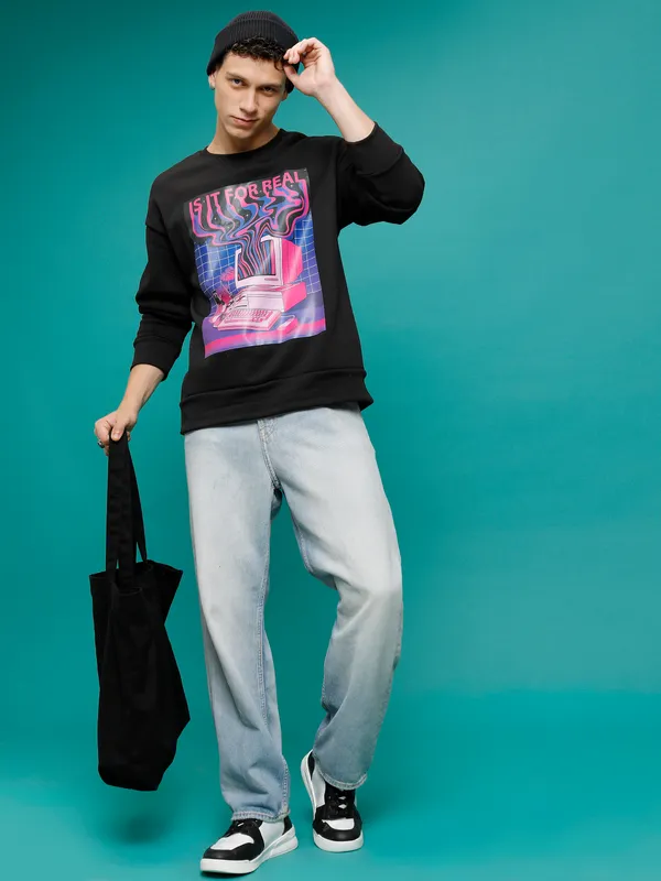 Highlander Men Black Round Neck Pullover Sweatshirt