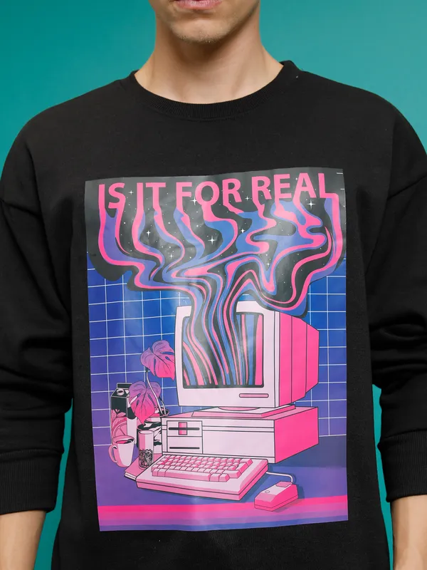 Highlander Men Black Round Neck Pullover Sweatshirt