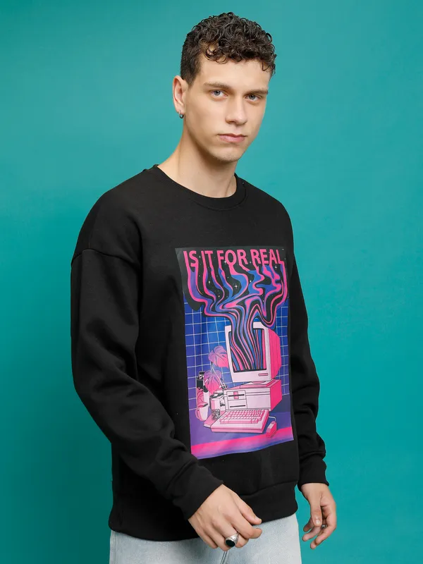 Highlander Men Black Round Neck Pullover Sweatshirt