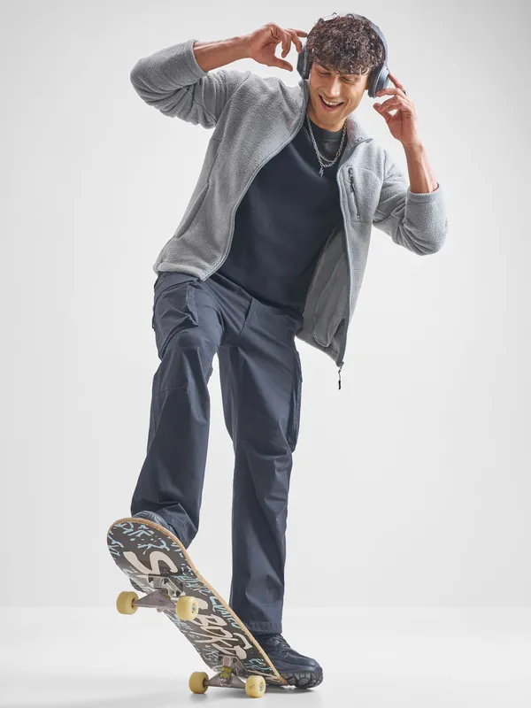 Highlander Men Grey Mock Collar Front-Open Sweatshirt