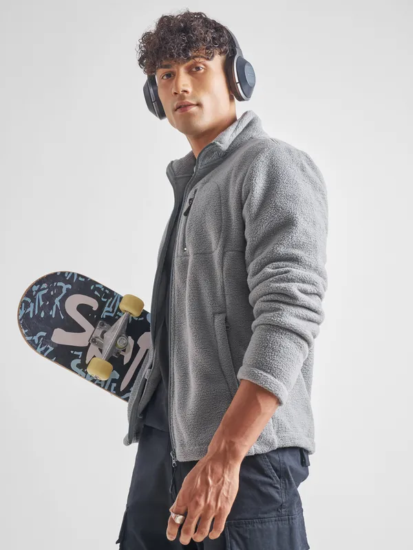 Highlander Men Grey Mock Collar Front-Open Sweatshirt