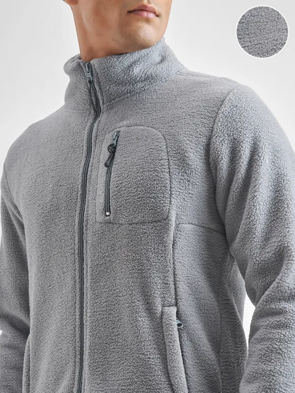 Highlander Men Grey Mock Collar Front-Open Sweatshirt