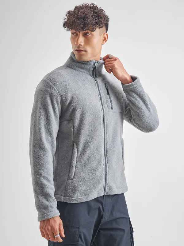 Highlander Men Grey Mock Collar Front-Open Sweatshirt