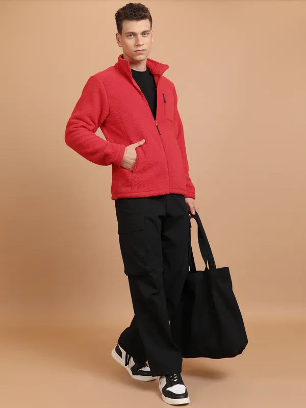 Highlander Men Red Mock Collar Front-Open Sweatshirt