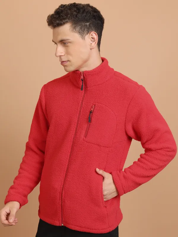Highlander Men Red Mock Collar Front-Open Sweatshirt