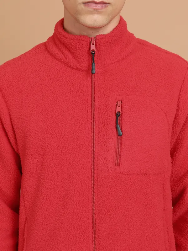 Highlander Men Red Mock Collar Front-Open Sweatshirt