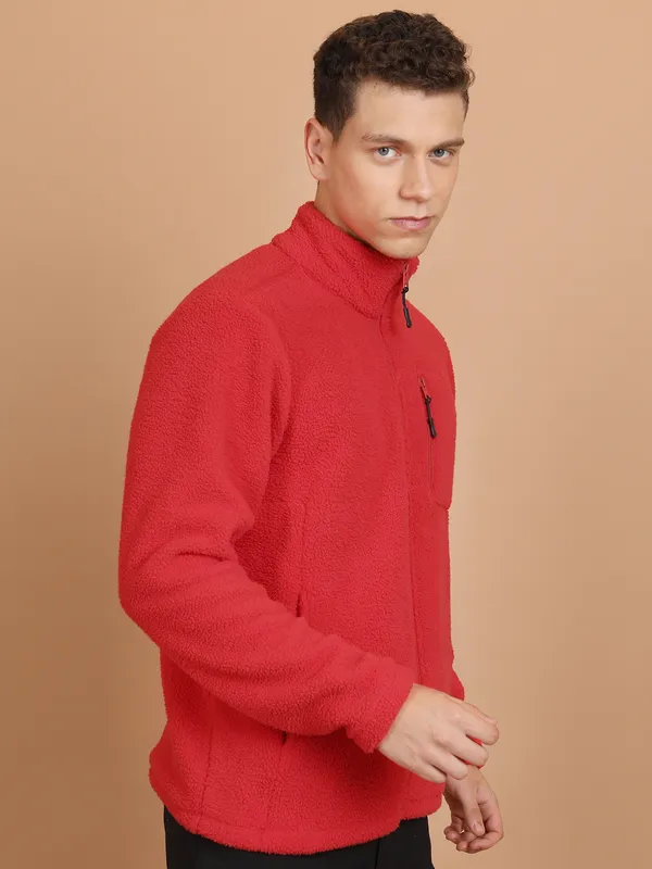 Highlander Men Red Mock Collar Front-Open Sweatshirt