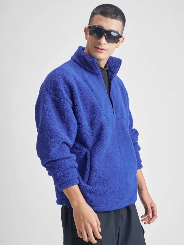 Highlander Men Blue Mock Collar Pullover Sweatshirt