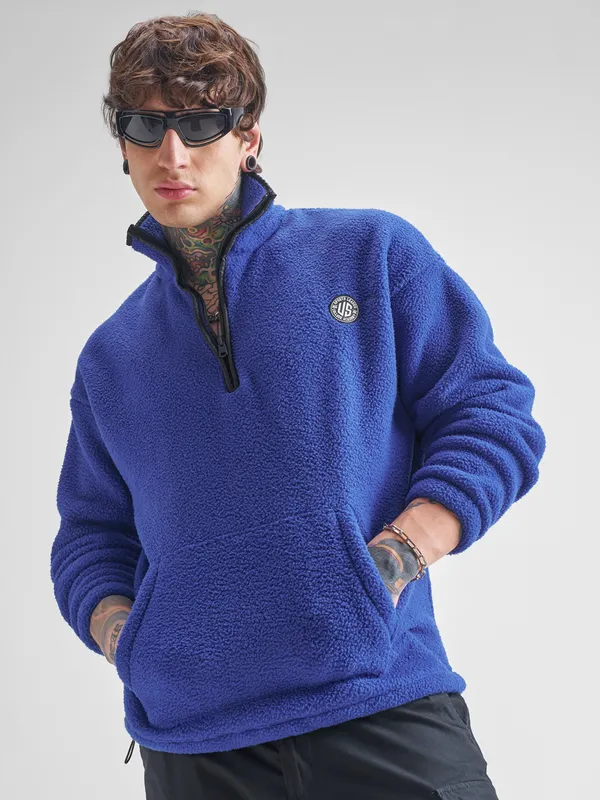Highlander Men Blue Mock Collar Pullover Sweatshirt