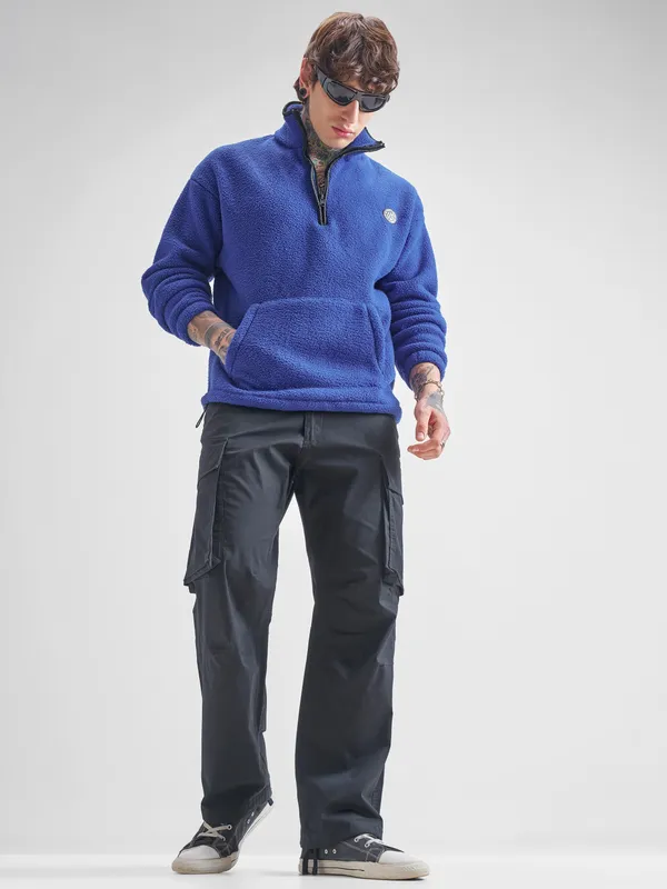 Highlander Men Blue Mock Collar Pullover Sweatshirt