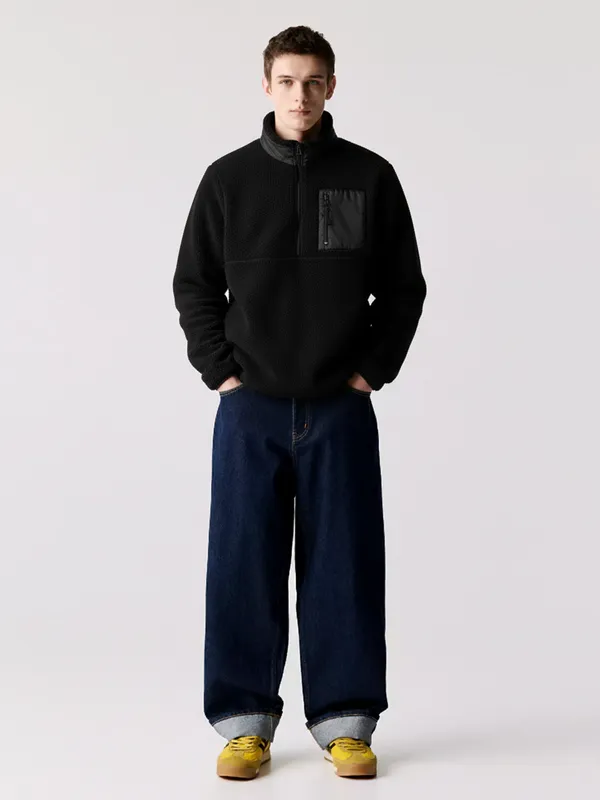 Highlander Men Black Mock Collar Pullover Sweatshirt