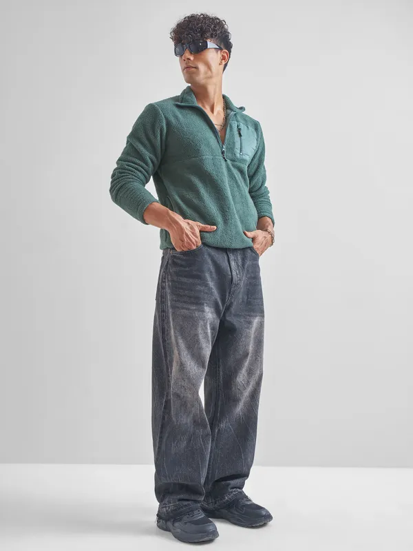 Highlander Men Green Mock Collar Pullover Sweatshirt