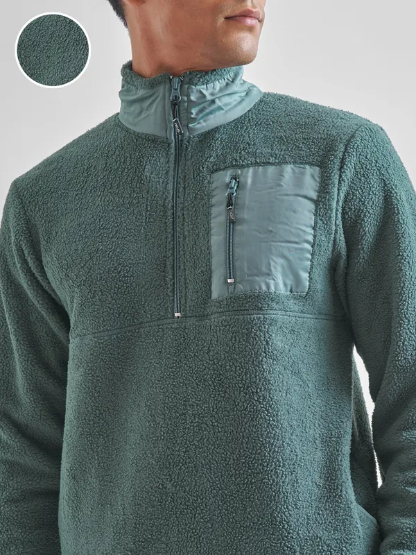 Highlander Men Green Mock Collar Pullover Sweatshirt