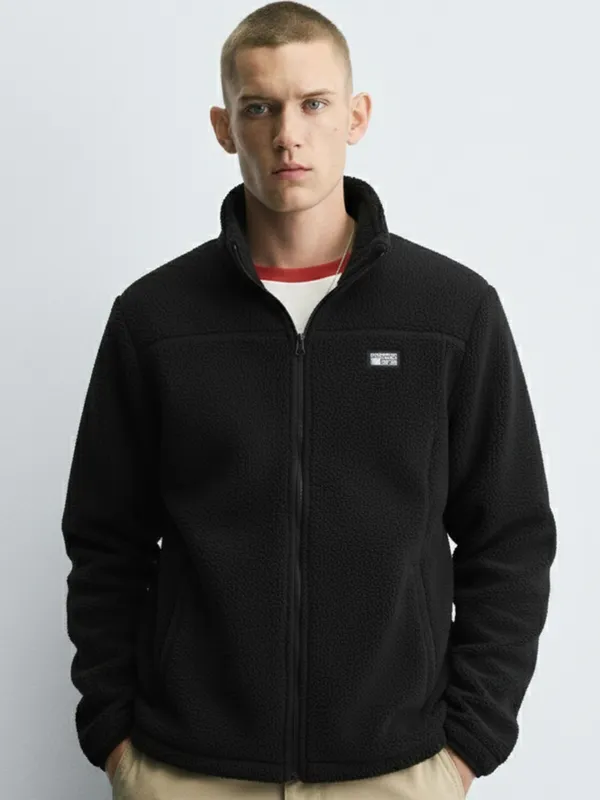 Highlander Men Black Mock Collar Front-Open Sweatshirt