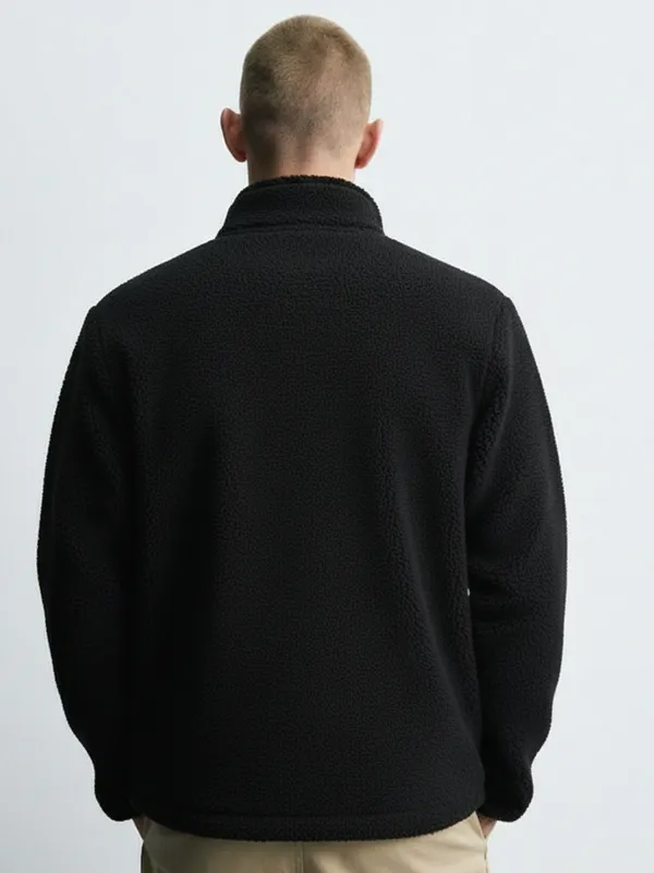 Highlander Men Black Mock Collar Front-Open Sweatshirt