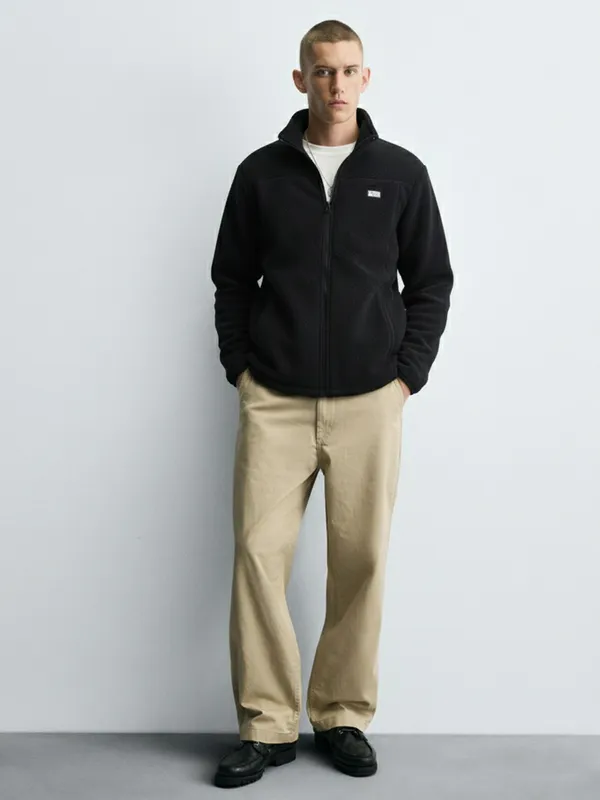 Highlander Men Black Mock Collar Front-Open Sweatshirt