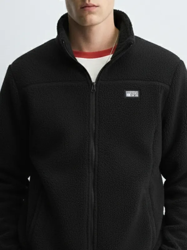 Highlander Men Black Mock Collar Front-Open Sweatshirt