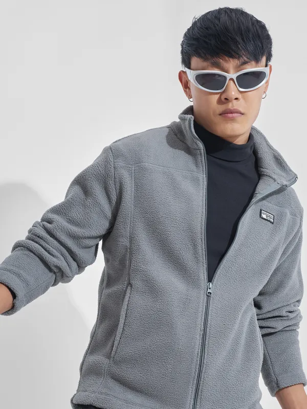 Highlander Men Grey Mock Collar Front-Open Sweatshirt