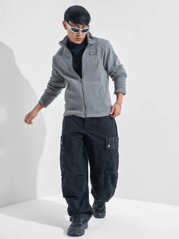 Highlander Men Grey Mock Collar Front-Open Sweatshirt