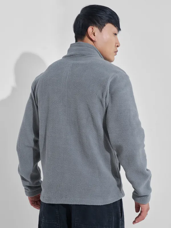 Highlander Men Grey Mock Collar Front-Open Sweatshirt
