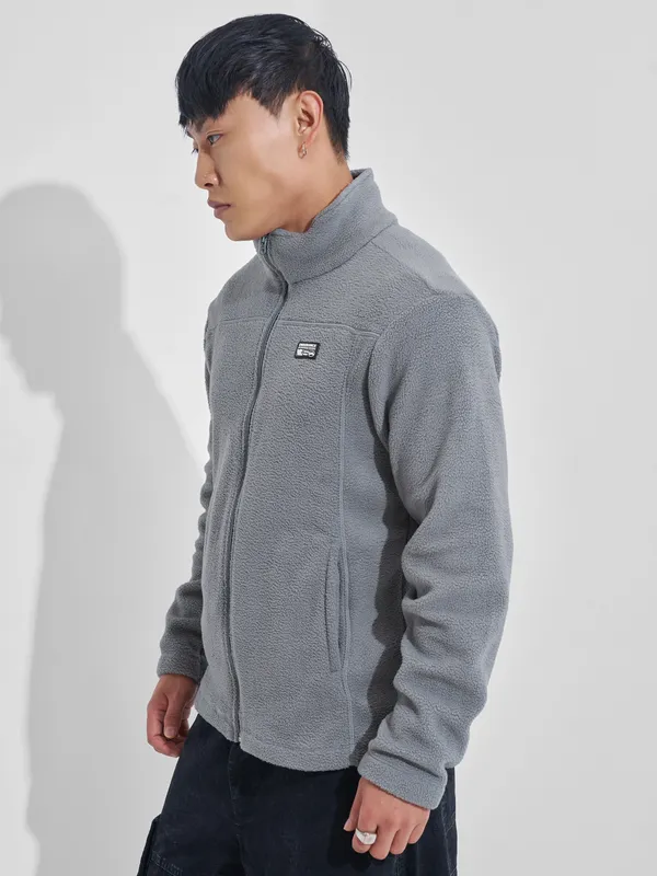 Highlander Men Grey Mock Collar Front-Open Sweatshirt