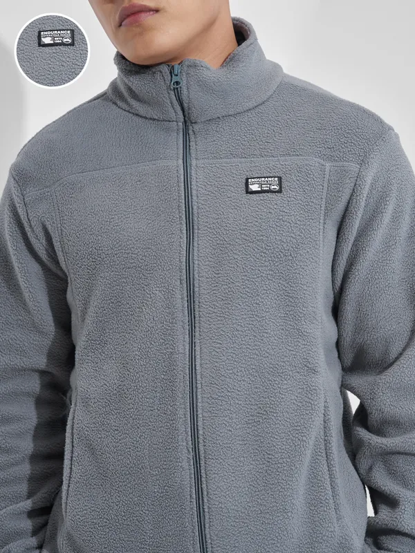 Highlander Men Grey Mock Collar Front-Open Sweatshirt