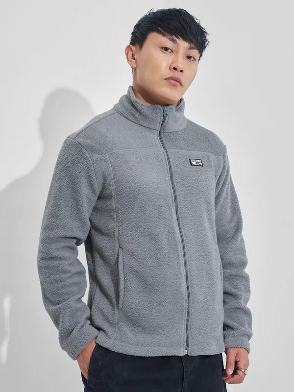 Highlander Men Grey Mock Collar Front-Open Sweatshirt