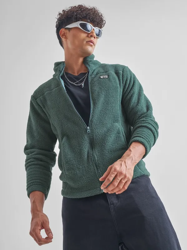 Highlander Men Green Mock Collar Front-Open Sweatshirt