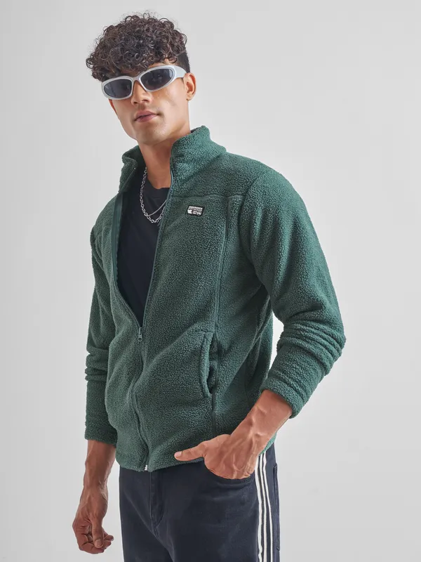 Highlander Men Green Mock Collar Front-Open Sweatshirt
