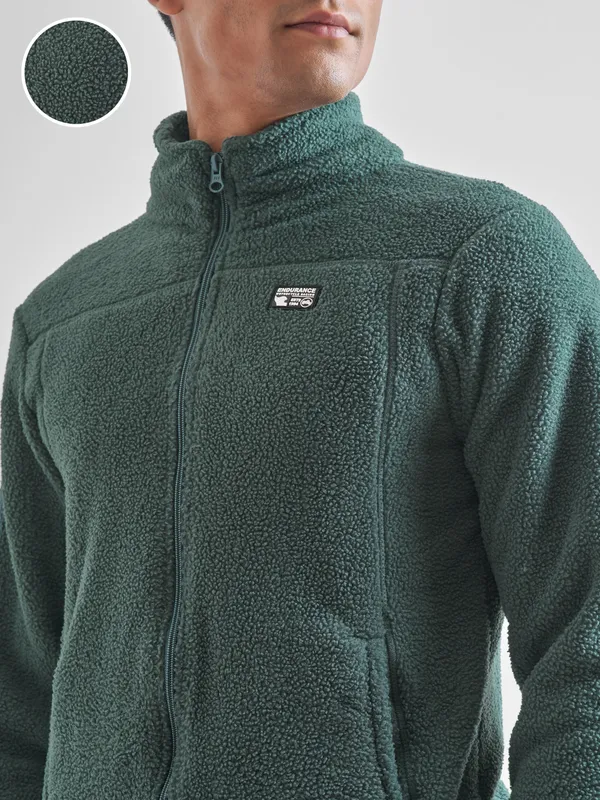 Highlander Men Green Mock Collar Front-Open Sweatshirt