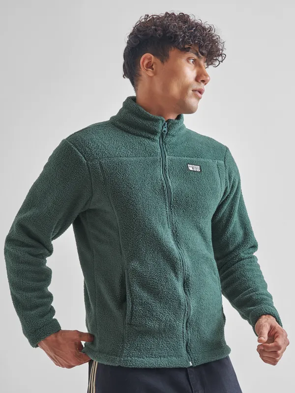 Highlander Men Green Mock Collar Front-Open Sweatshirt