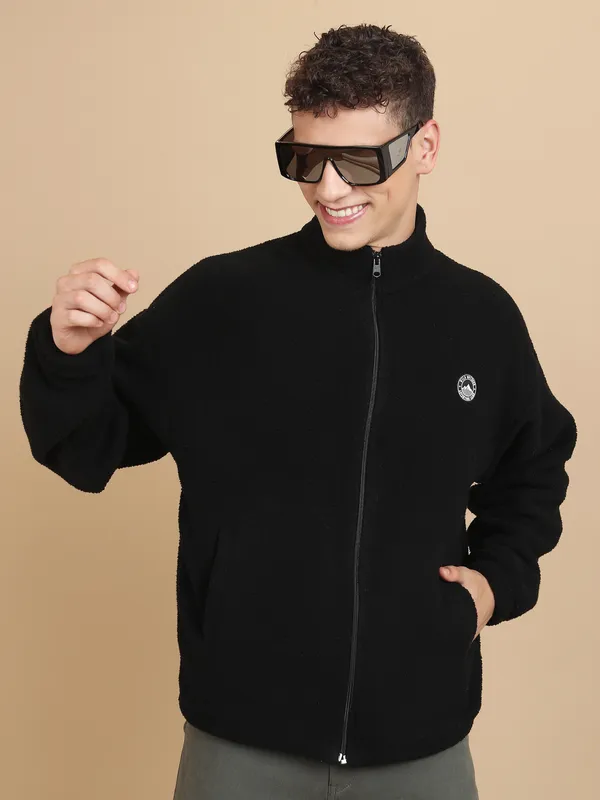 Highlander Men Black Mock Collar Front-Open Sweatshirt