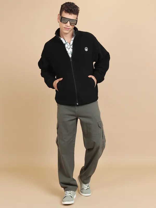 Highlander Men Black Mock Collar Front-Open Sweatshirt