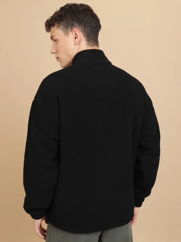 Highlander Men Black Mock Collar Front-Open Sweatshirt