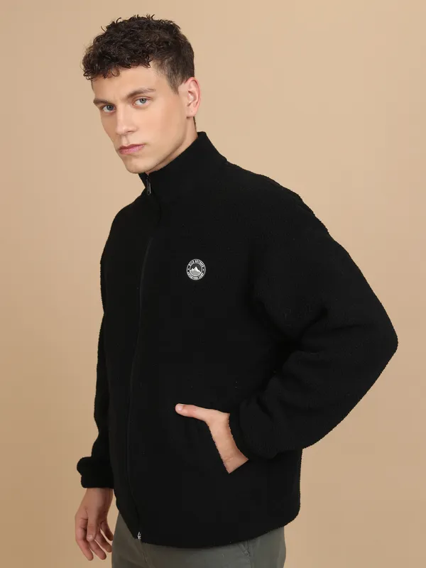 Highlander Men Black Mock Collar Front-Open Sweatshirt