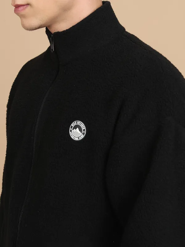 Highlander Men Black Mock Collar Front-Open Sweatshirt