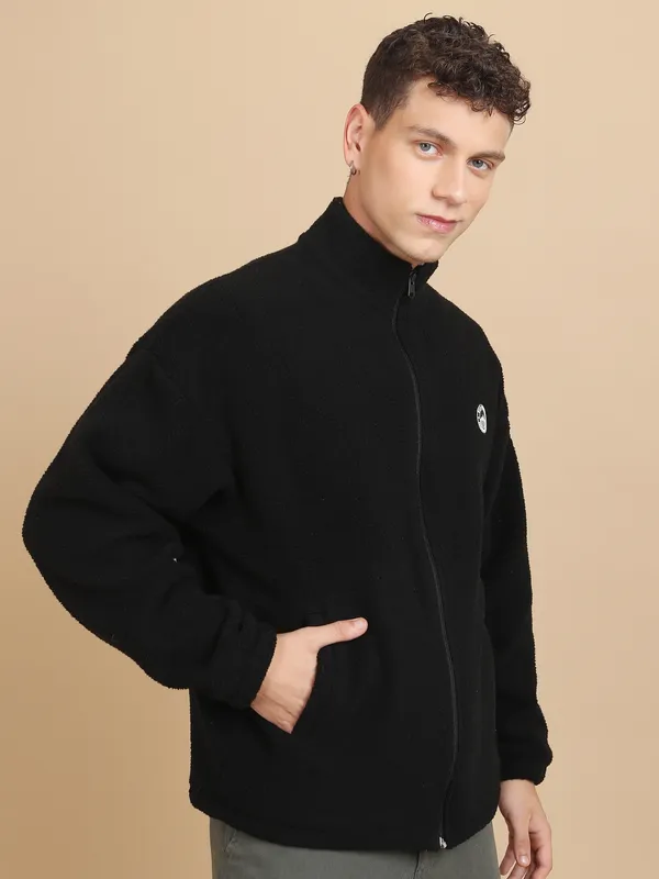 Highlander Men Black Mock Collar Front-Open Sweatshirt
