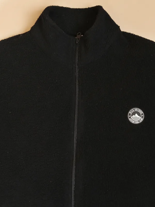 Highlander Men Black Mock Collar Front-Open Sweatshirt