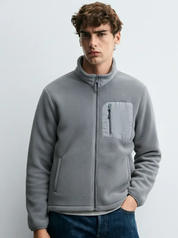 Highlander Men Grey Mock Collar Front-Open Sweatshirt