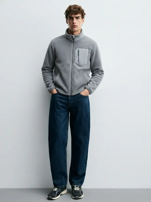 Highlander Men Grey Mock Collar Front-Open Sweatshirt