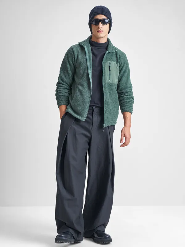 Highlander Men Green Mock Collar Front-Open Sweatshirt