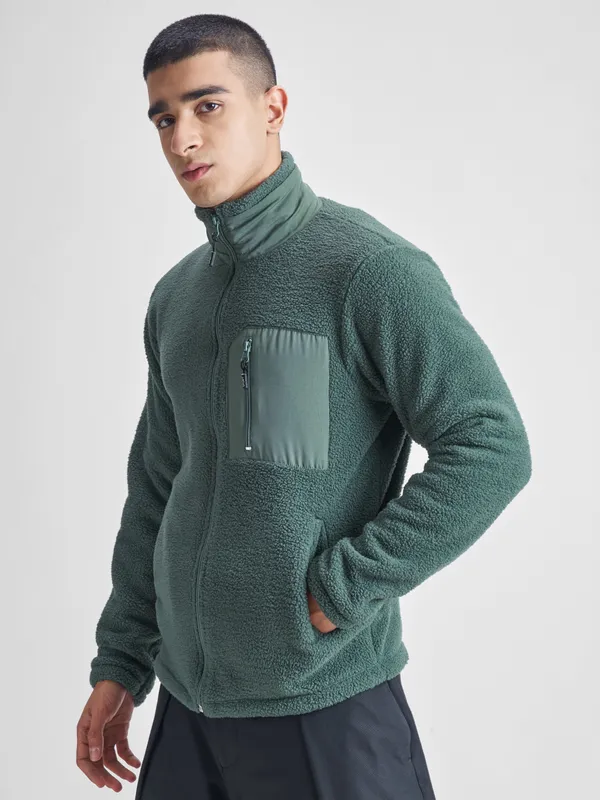 Highlander Men Green Mock Collar Front-Open Sweatshirt