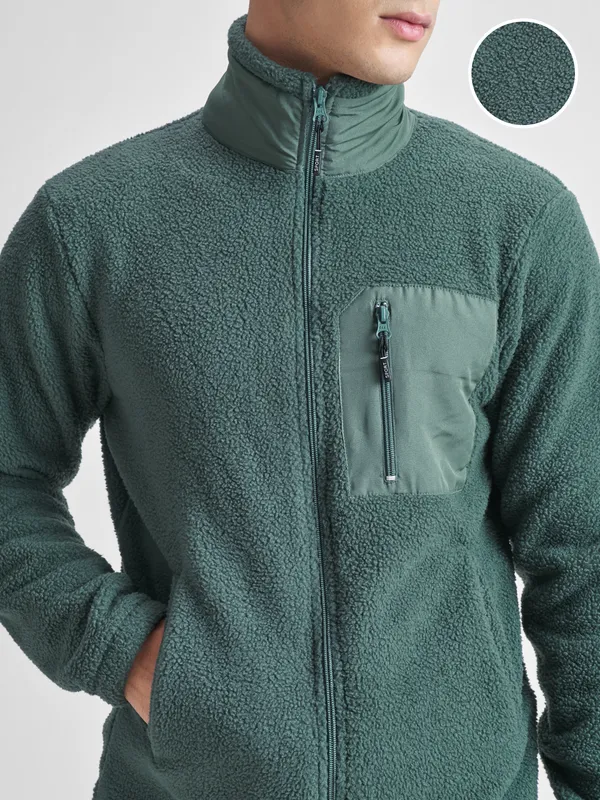 Highlander Men Green Mock Collar Front-Open Sweatshirt