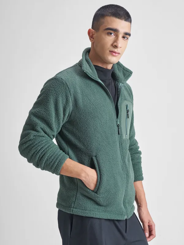 Highlander Men Green Mock Collar Front-Open Sweatshirt