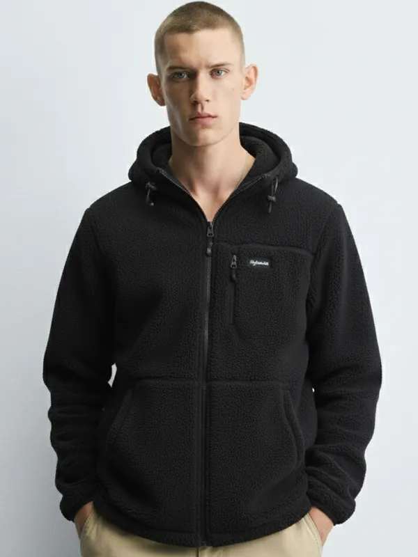 Highlander Men Black Hooded Front-Open Sweatshirt