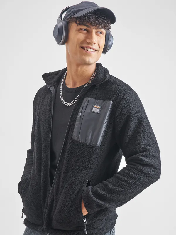 Highlander Men Black Mock Collar Front-Open Sweatshirt