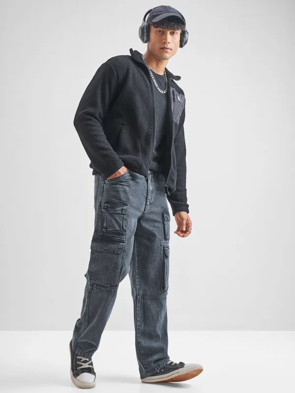 Highlander Men Black Mock Collar Front-Open Sweatshirt