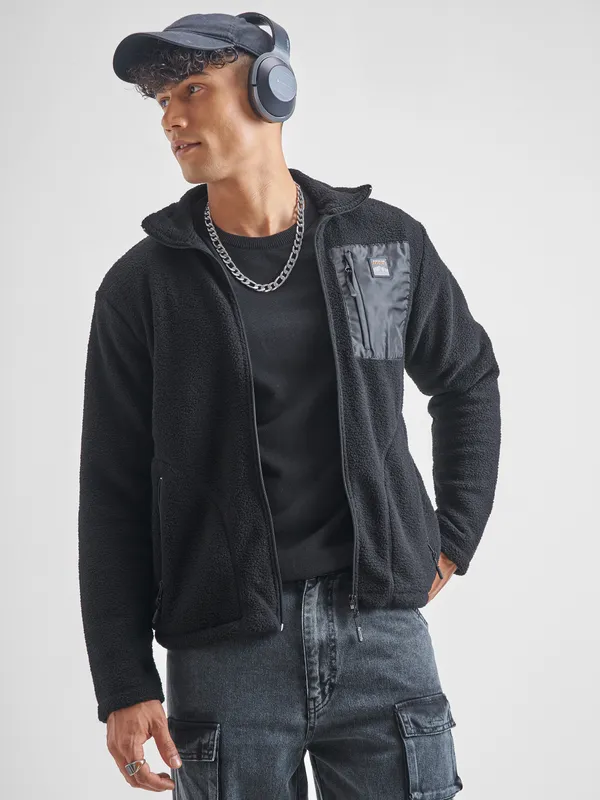 Highlander Men Black Mock Collar Front-Open Sweatshirt