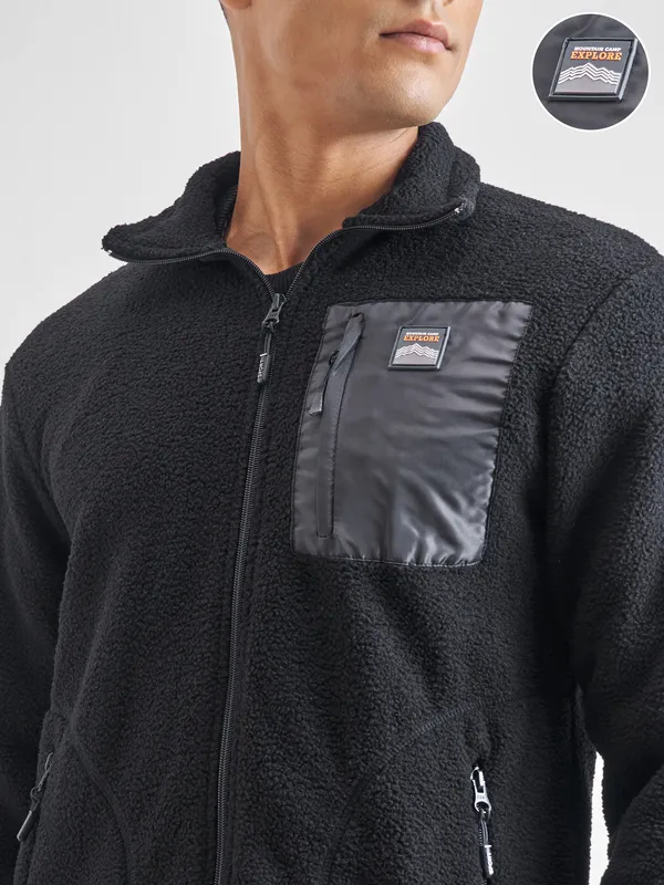 Highlander Men Black Mock Collar Front-Open Sweatshirt