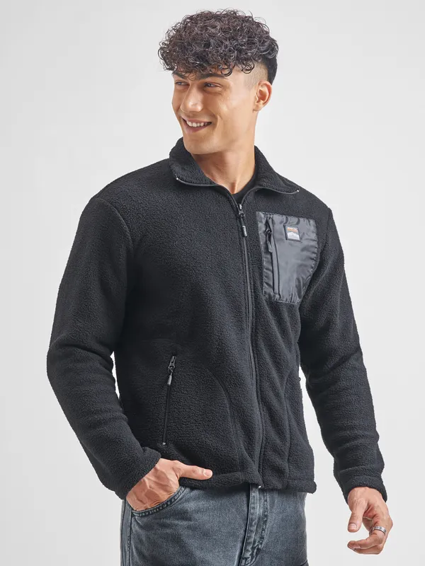 Highlander Men Black Mock Collar Front-Open Sweatshirt